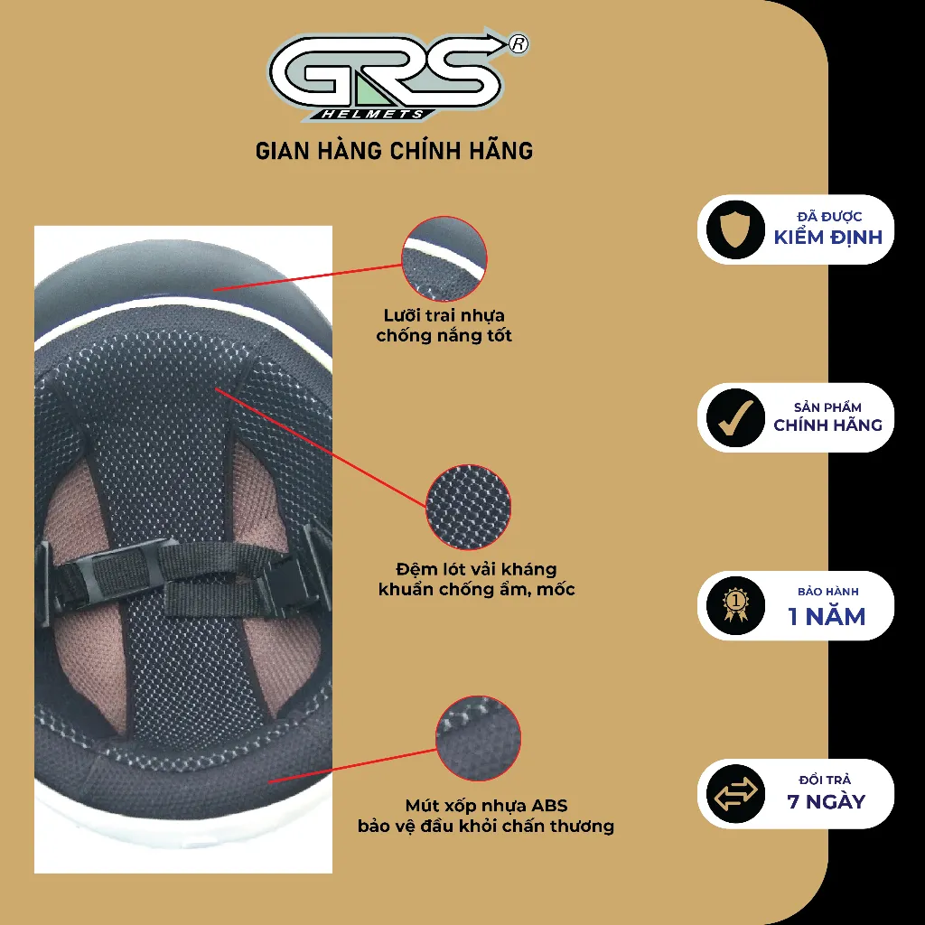 Ảnh Mũ bảo hiểm không kính GRS A760T (màu đen nhám) 4