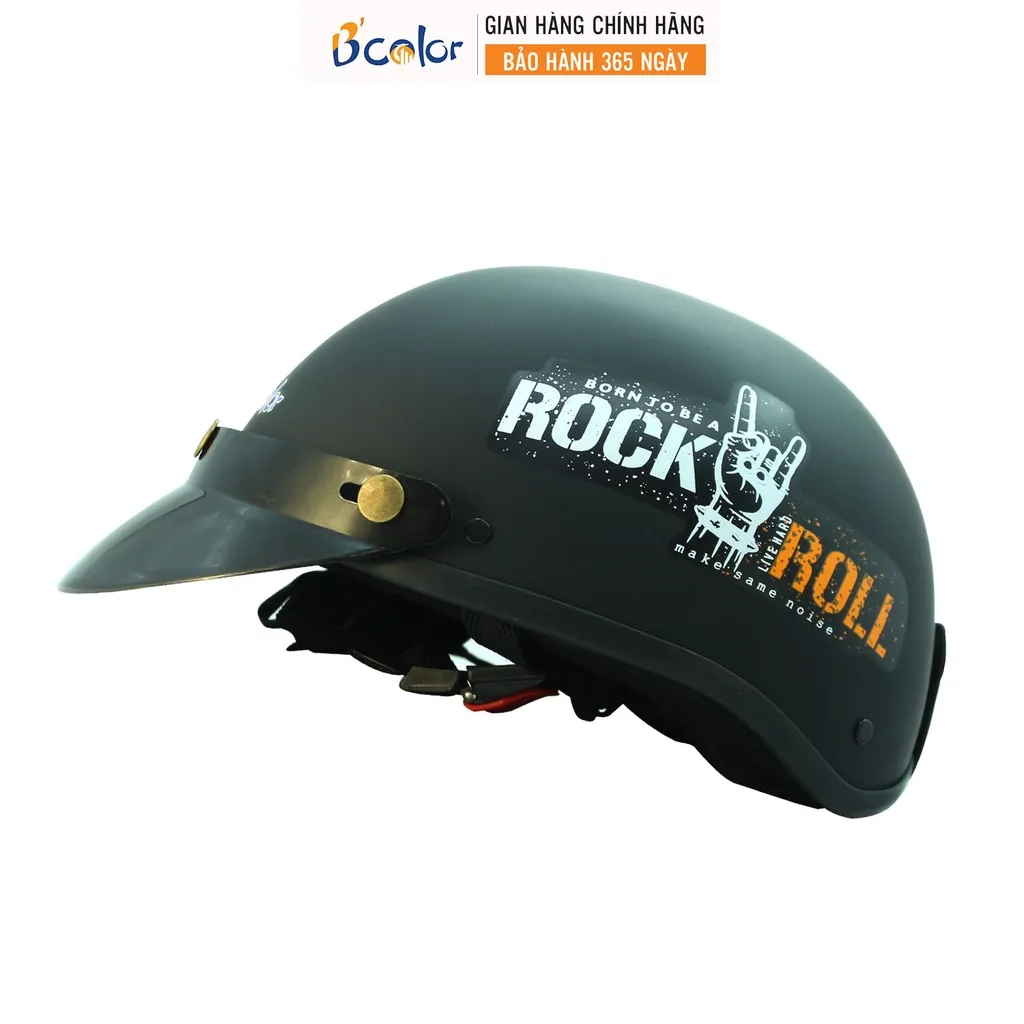 Ảnh Mũ Bảo Hiểm Màu Đen Có Chữ Rock Roll Loại Nửa Đầu Kèm Lười Trai B'COLOR 3