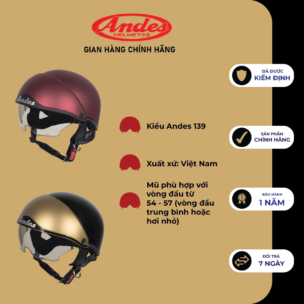 Ảnh Mũ bảo Hiểm nửa đầu 1/2 ANDES 139 chính hãng có kính ẩn - Tháo Được Lót/Giấu Kính 4