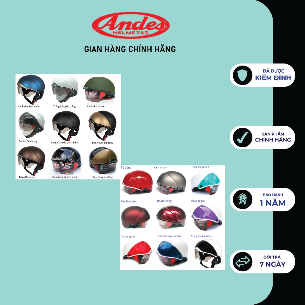 Ảnh Mũ bảo Hiểm nửa đầu  ANDES 139 hàng chính hãng có kính ẩn - Tháo Được Lót/Giấu Kính- nhiều màu 2