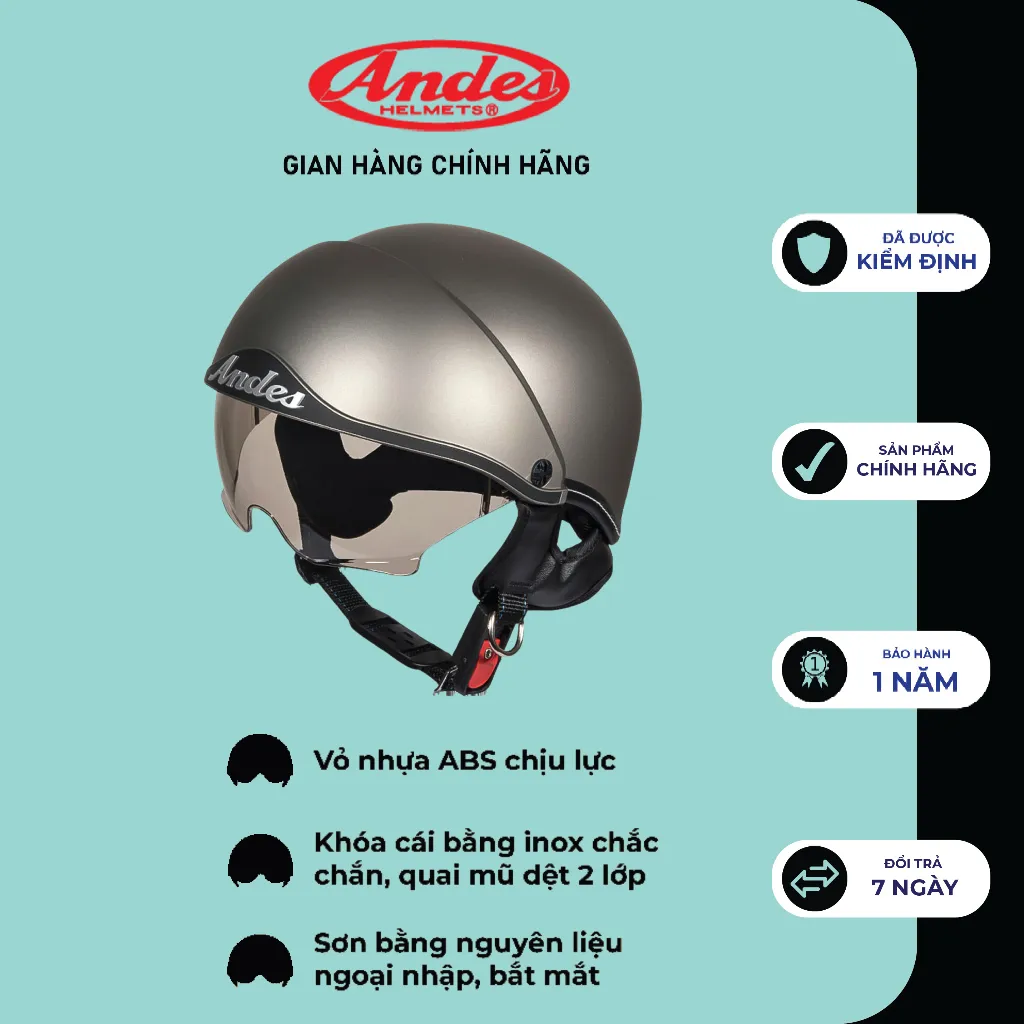 Ảnh Mũ bảo Hiểm nửa đầu  ANDES 139 hàng chính hãng có kính ẩn - Tháo Được Lót/Giấu Kính- nhiều màu 3