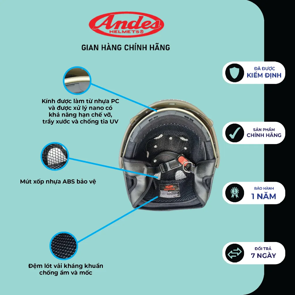 Ảnh Mũ bảo Hiểm nửa đầu  ANDES 139 hàng chính hãng có kính ẩn - Tháo Được Lót/Giấu Kính- nhiều màu 4