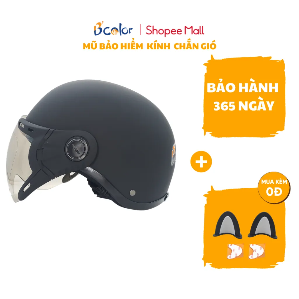 Ảnh Mũ Bảo Hiểm Nửa Đầu B'color Màu Đen Có Kính Chắn Gió 1