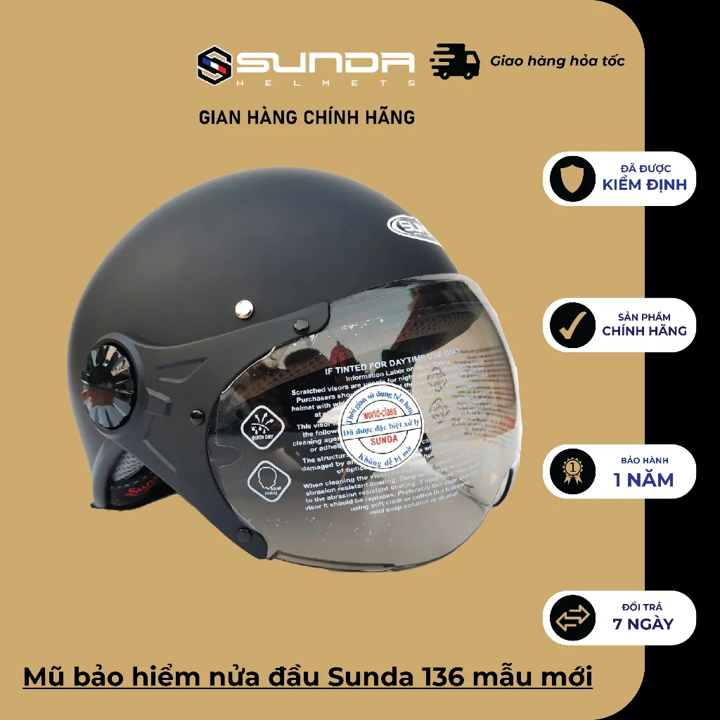Ảnh Mũ bảo hiểm nửa đầu  có kính Sunda 136 chính hãng mẫu mới nhiều màu 1