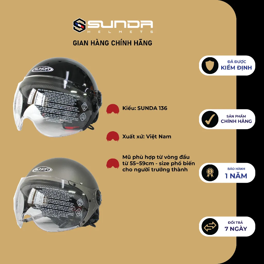 Ảnh Mũ bảo hiểm nửa đầu  có kính Sunda 136 chính hãng mẫu mới nhiều màu 3