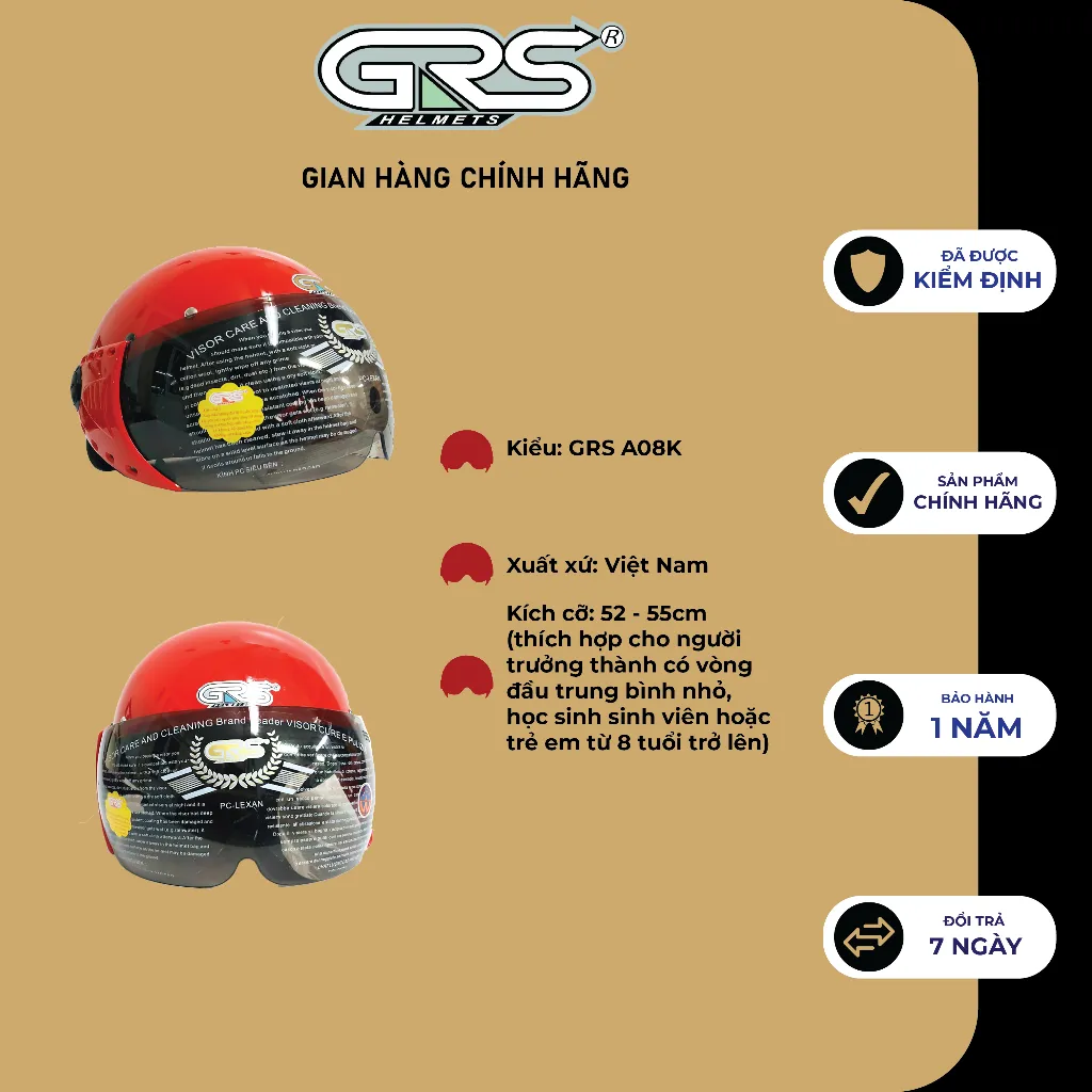 Ảnh Mũ bảo hiểm nửa đâu GRS A08K size nhỏ - dành cho người trưởng thành có vòng đầu nhỏ 3