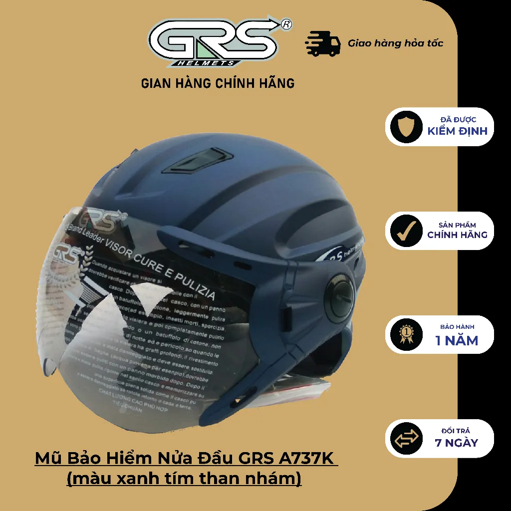 Ảnh Mũ Bảo Hiểm Nửa Đầu GRS A737K (màu xanh tím than nhám) 1