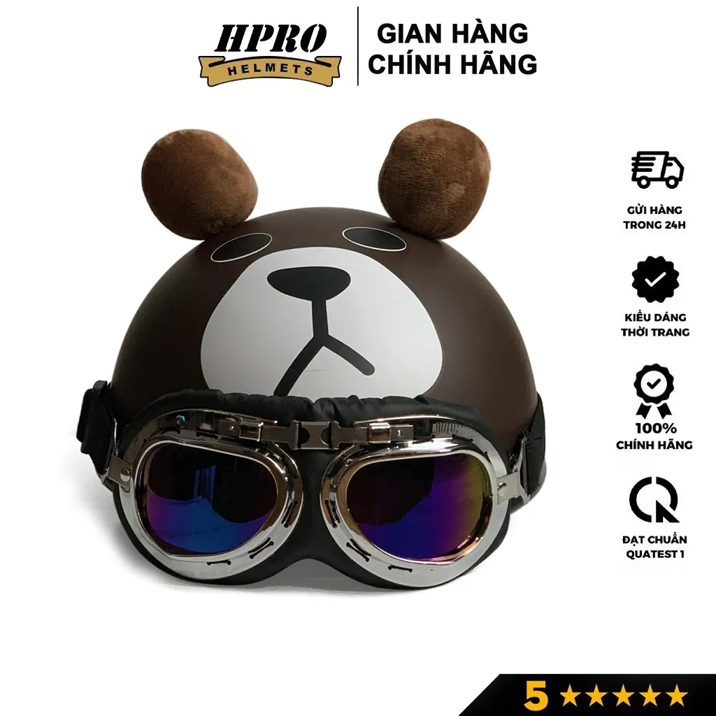 Ảnh Mũ bảo hiểm nửa đầu họa tiết gấu có tai cá tính Sundy Helmet Freeside ( 54-58cm) kèm kính Phi Công UV 3