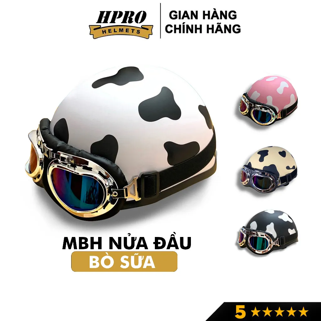 Ảnh Mũ bảo hiểm nửa đầu Hpro Helmet, có kính UV, phi công, tem Bò Sữa cute, an toàn, chất lượng, Freesize (55-59cm) 1