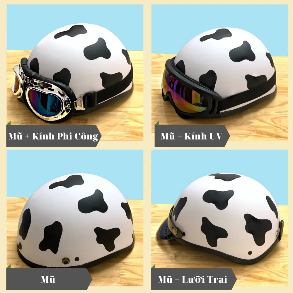 Ảnh Mũ bảo hiểm nửa đầu Hpro Helmet, có kính UV, phi công, tem Bò Sữa cute, an toàn, chất lượng, Freesize (55-59cm) 3