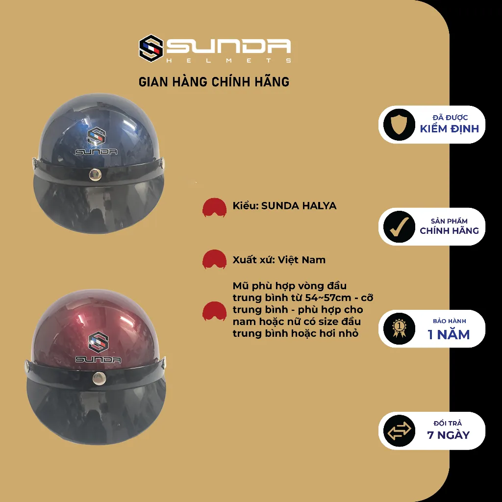 Ảnh Mũ bảo hiểm nửa đầu không kính SUNDA HALYA (nhiều màu) 3