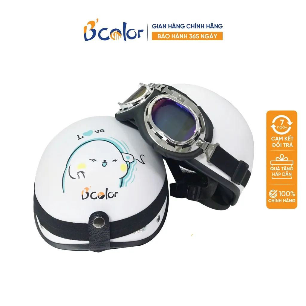 Ảnh Mũ Bảo Hiểm Nửa Đầu Màu Trắng Họa Tiết Kèm Kính Thời Trang Chính Hãng B'COLOR 2