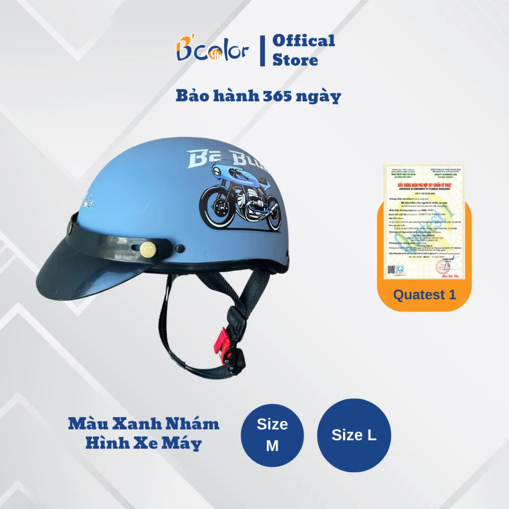 Ảnh Mũ Bảo Hiểm Nửa Đầu Màu Xanh Họa Tiết Hình Xe Máy Kèm Lưỡi Trai Chính Hãng B'COLOR 1