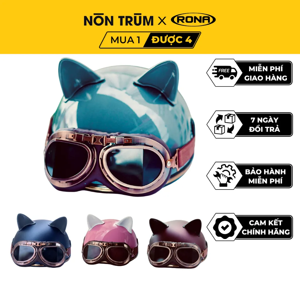 Ảnh Mũ bảo hiểm nửa đầu Rona haly luxury kèm kính phi công đồng tặng tai mèo cho nam và nữ đi xe máy 1