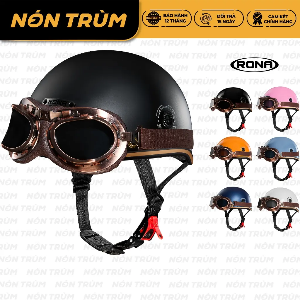 Ảnh Mũ bảo hiểm nửa đầu RONA haly luxury kèm kính phi công đồng chính hãng freeship bảo hành 12 tháng 1