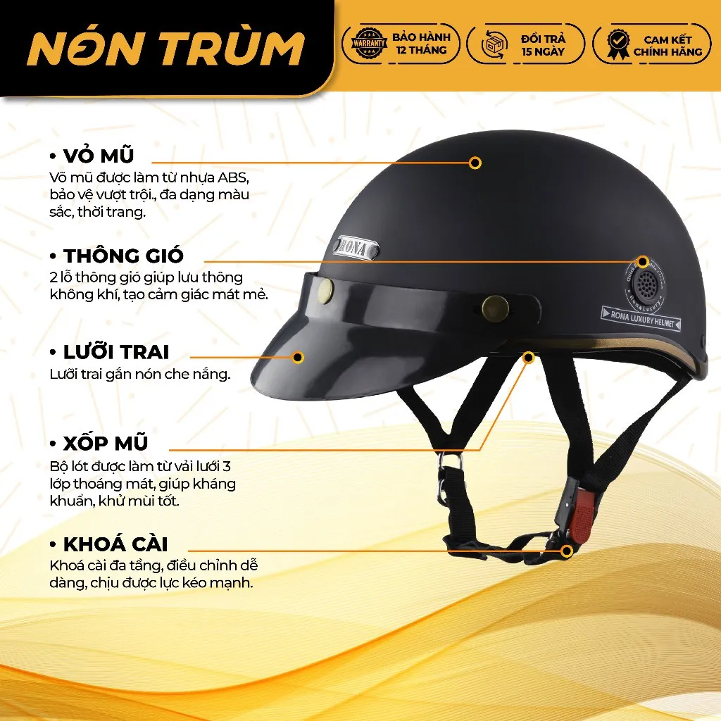 Ảnh Mũ bảo hiểm nửa đầu RONA haly luxury kèm kính phi công đồng chính hãng freeship bảo hành 12 tháng 3