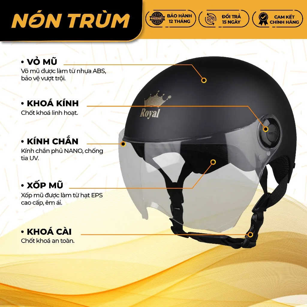 Ảnh Mũ bảo hiểm nửa đầu Royal M162K có kính chắn che mặt đi xe máy chính hãng bảo hành 12 tháng 4