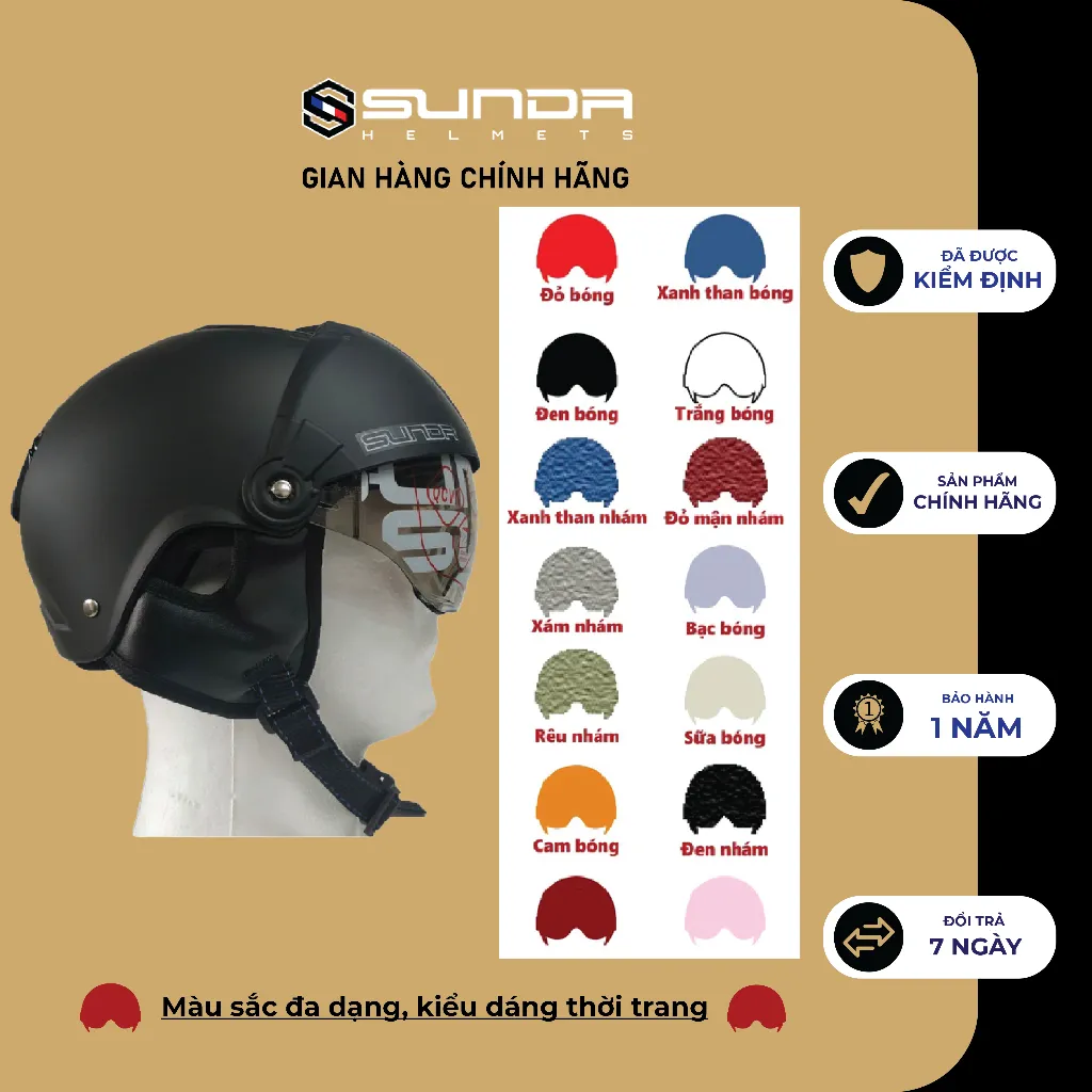 Ảnh Mũ bảo hiểm nửa đầu SUNDA 135D giấu kính tháo lót tiện lợi thời trang 2