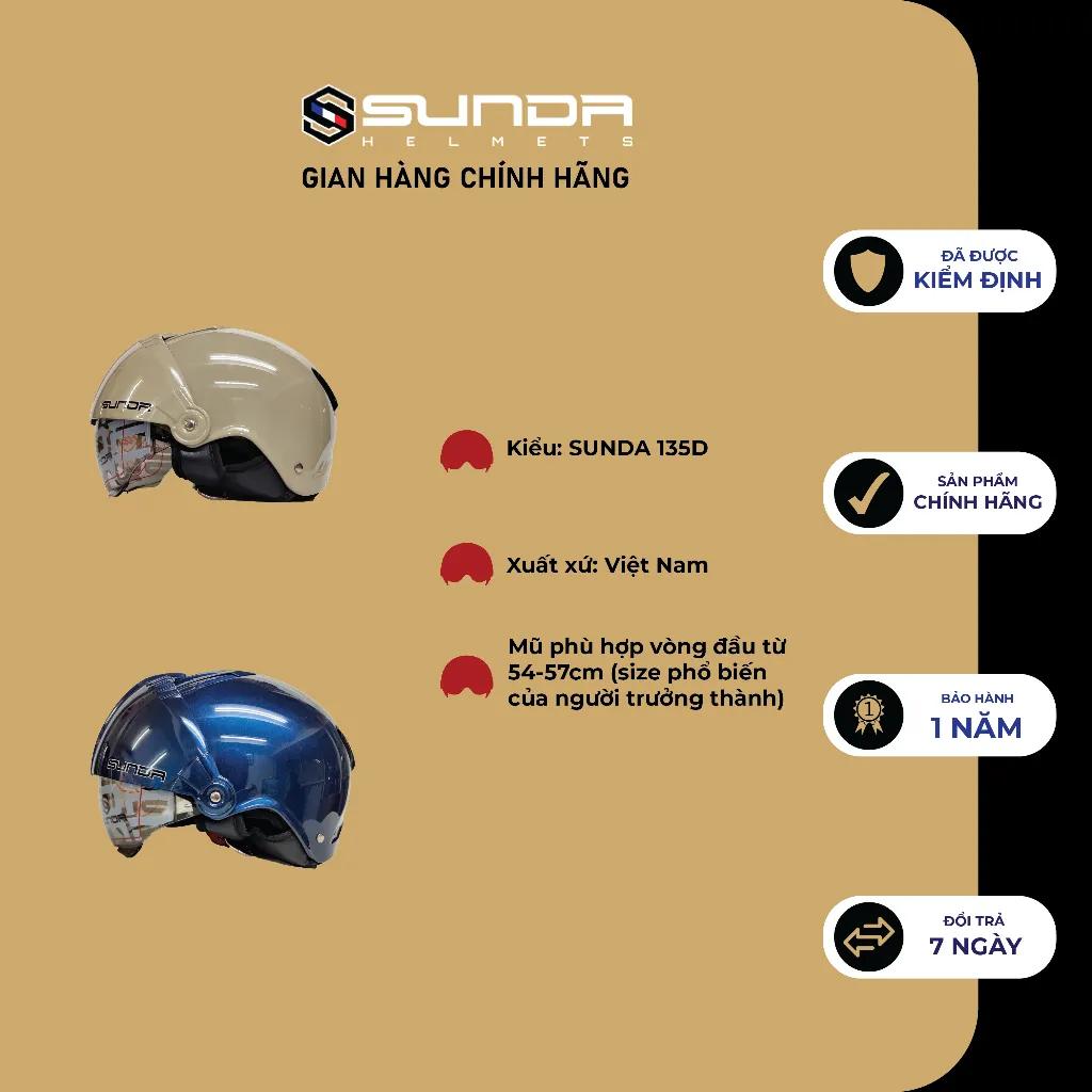 Ảnh Mũ bảo hiểm nửa đầu SUNDA 135D giấu kính tháo lót tiện lợi thời trang 3