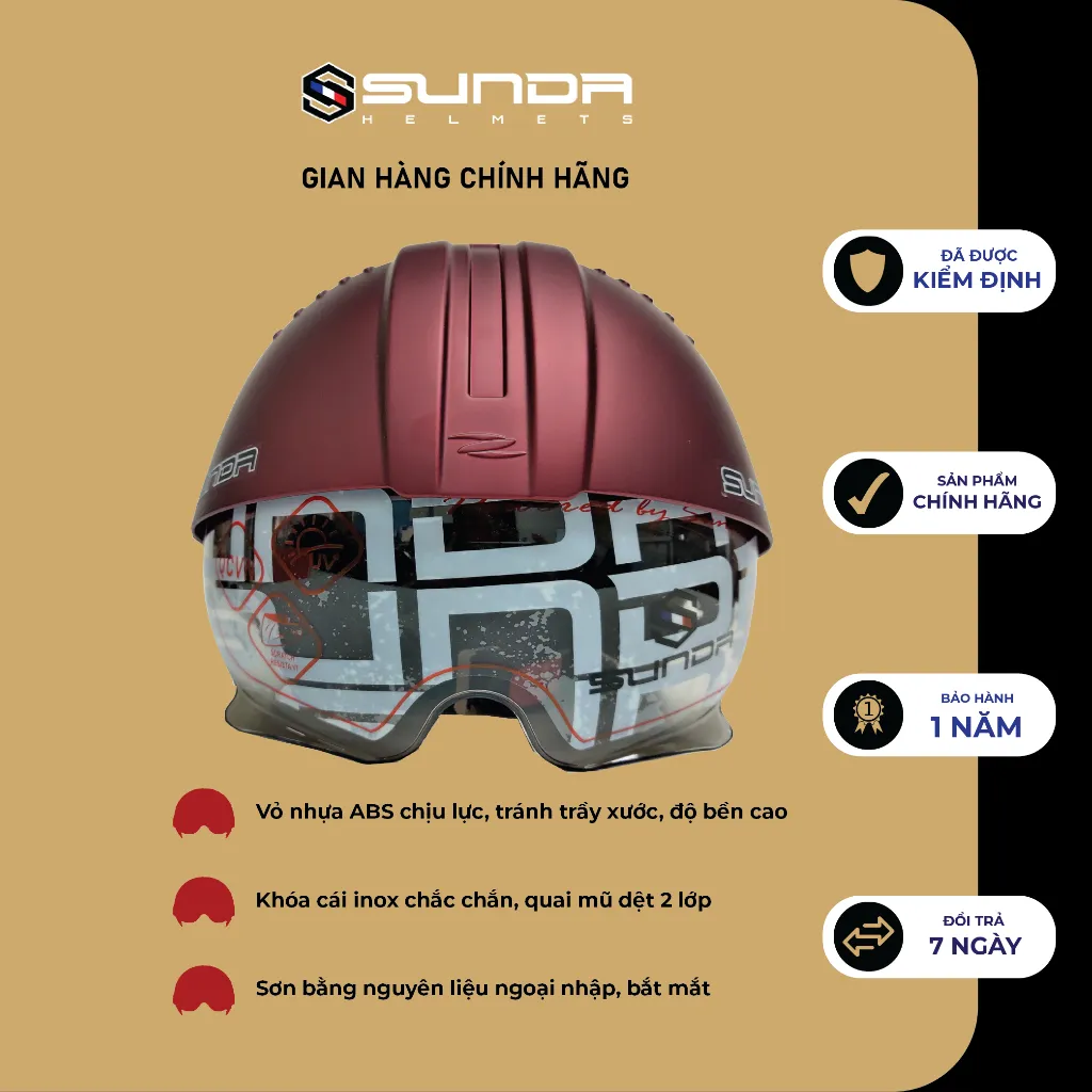 Ảnh Mũ bảo hiểm nửa đầu SUNDA 135D giấu kính tháo lót tiện lợi thời trang 4