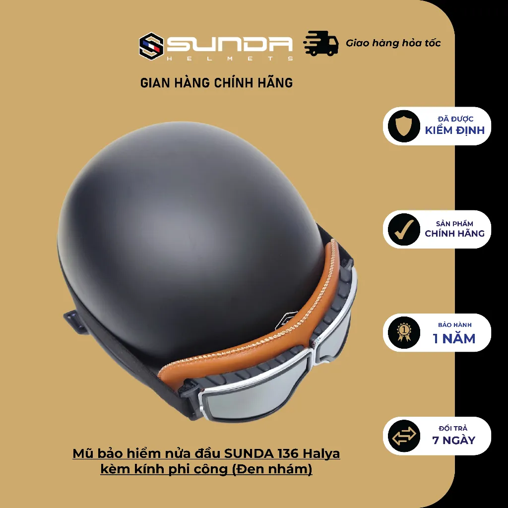 Ảnh Mũ bảo hiểm nửa đầu SUNDA 136 Halya kèm kính phi công - Đen nhám 1