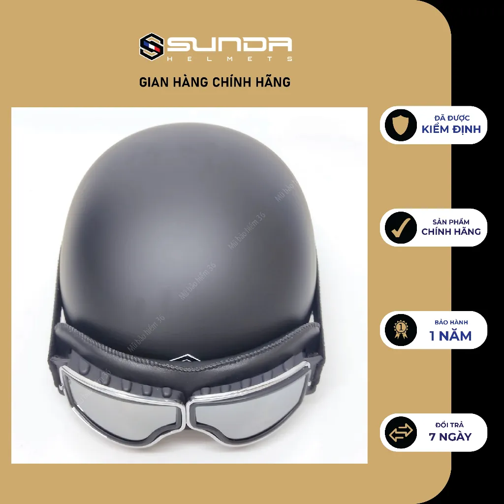 Ảnh Mũ bảo hiểm nửa đầu SUNDA 136 Halya kèm kính phi công - Đen nhám 2