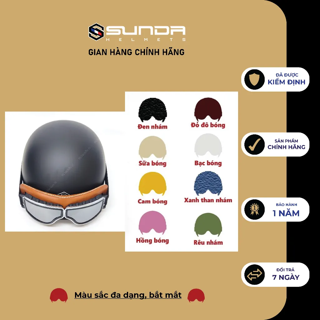 Ảnh Mũ bảo hiểm nửa đầu SUNDA HALYA kèm kính phi công viền da cao cấp 2