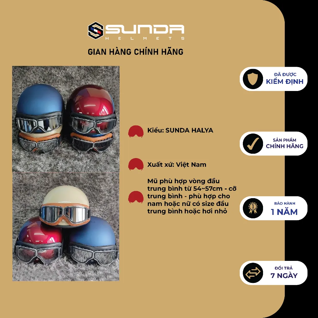 Ảnh Mũ bảo hiểm nửa đầu SUNDA HALYA kèm kính phi công viền da cao cấp 3