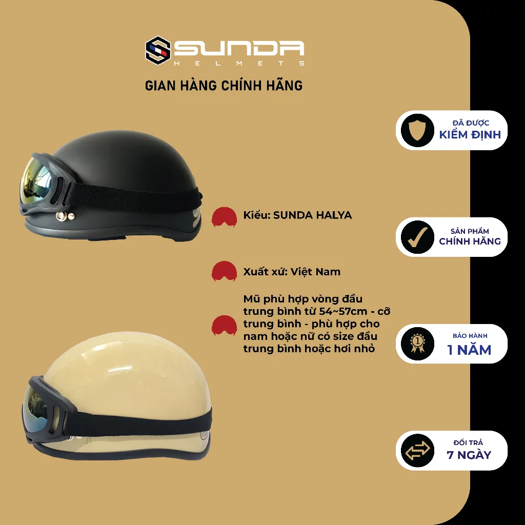 Ảnh Mũ bảo hiểm nửa đầu SUNDA HALYA kèm kính UV nhiều màu 4