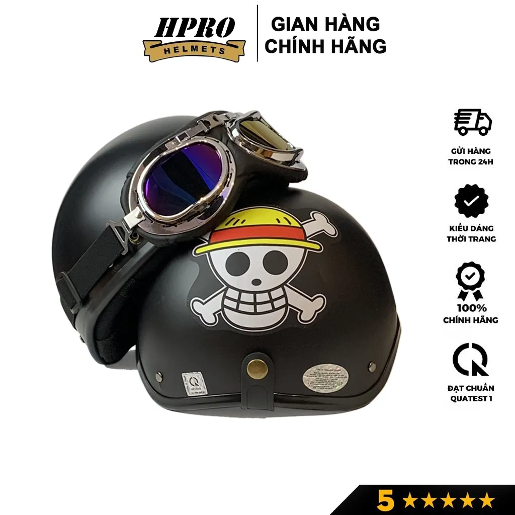 Ảnh Mũ bảo hiểm nửa đầu Sundy Helmet, họa tiết One Piece , cá tính, an toàn, kèm kính phi công, uv, freesize(55-59cm) 1