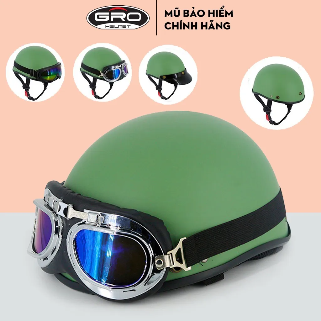 Ảnh Mũ bảo hiểm nửa đầu thời trang, cao cấp GRO nhiều màu, kèm kính UV, phi công freesize 55-61cm 2