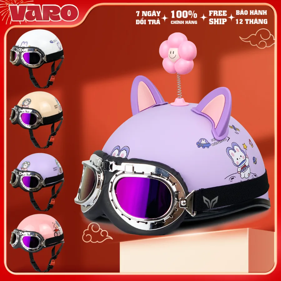 Ảnh Mũ bảo hiểm nửa đầu VARO tem thỏ gấu dễ thương - Nón bảo hiểm 1/2 đầu freesize vòng đầu 54-59cm 1