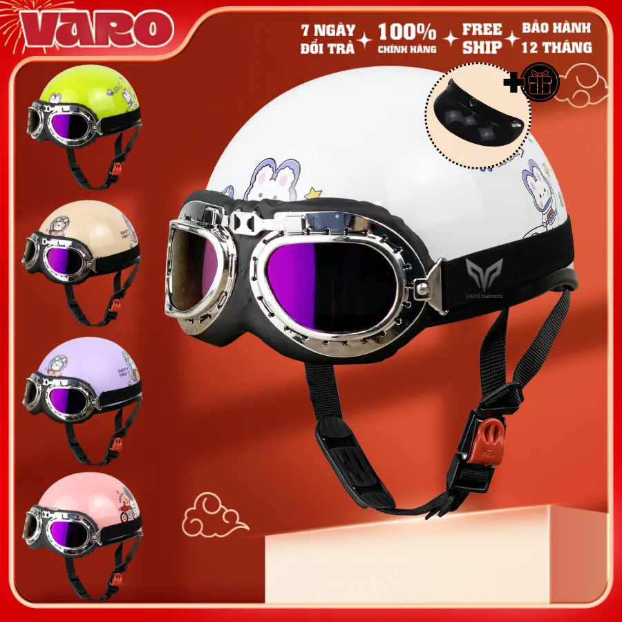 Ảnh Mũ Bảo Hiểm Nửa Đầu VaroHelmet Tem Thỏ, Gấu Dễ Thương Kèm Kính Phi Công, Kính UV Chính Hãng 1