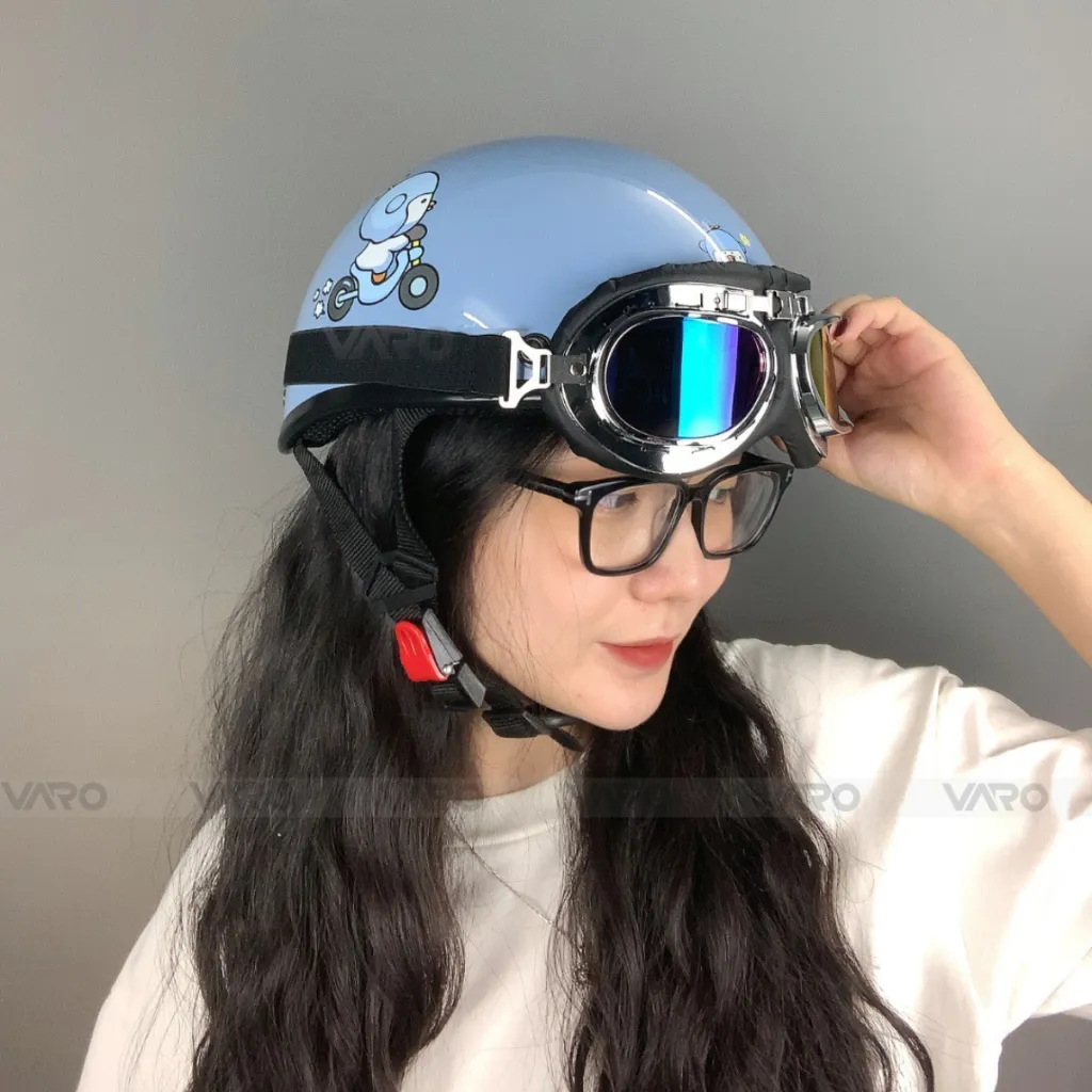 Ảnh Mũ Bảo Hiểm Nửa Đầu VaroHelmet Tem Thỏ, Gấu Dễ Thương Kèm Kính Phi Công, Kính UV Chính Hãng 3