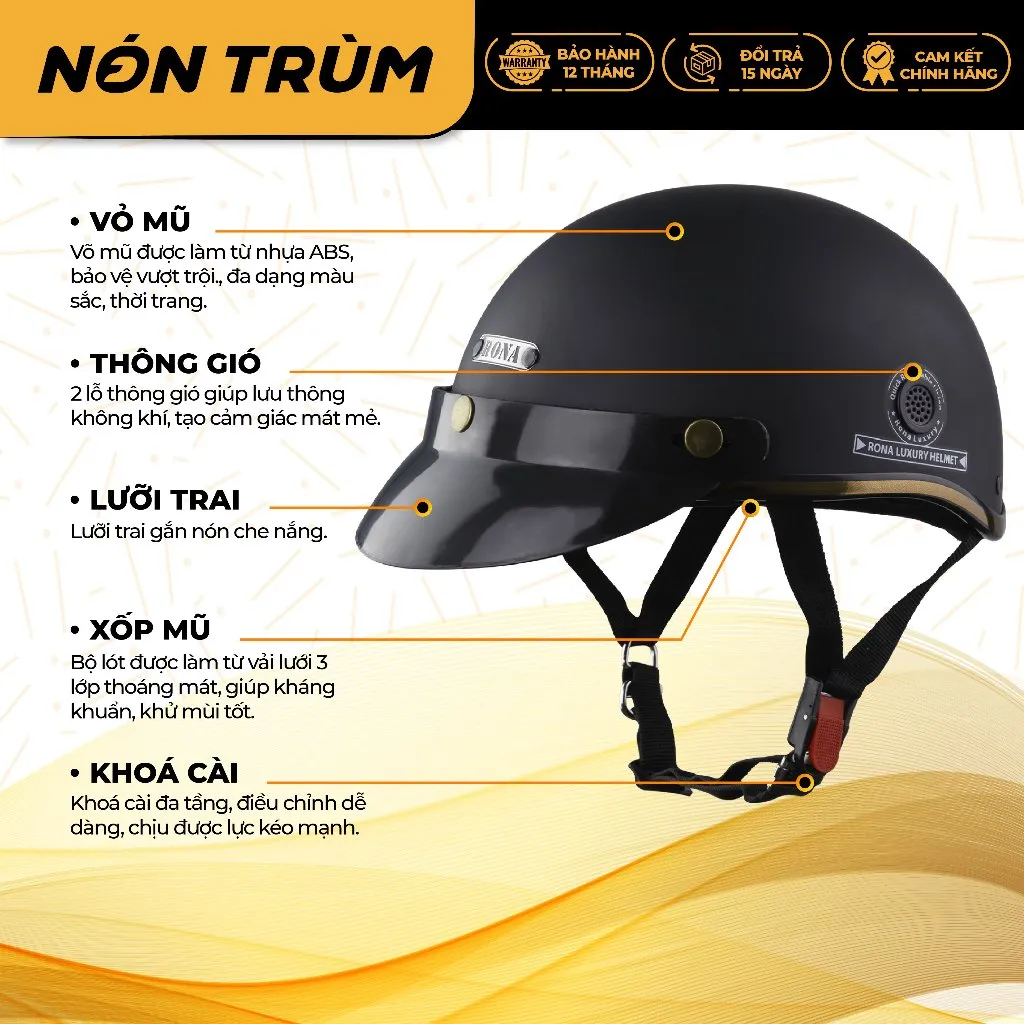 Ảnh Mũ bảo hiểm xe máy 1/2 Rona haly luxury kèm kính phi công đồng chính hãng đi xe máy tại Nón Trùm 2