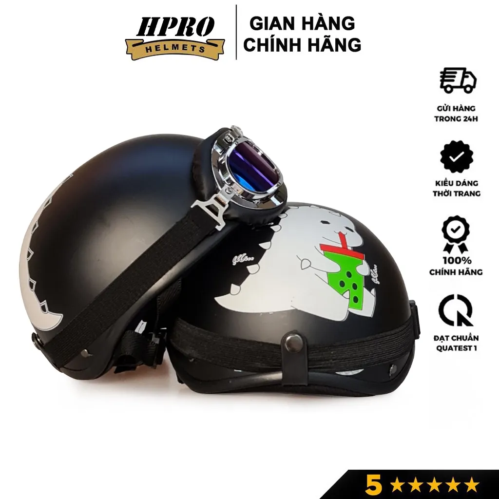 Ảnh Mũ bảo hiểm xe máy Hpro Helmet thời trang, họa tiết Khủng Long cute, kiểu dáng nửa đầu 1/2 Freesize (55-59cm) 4
