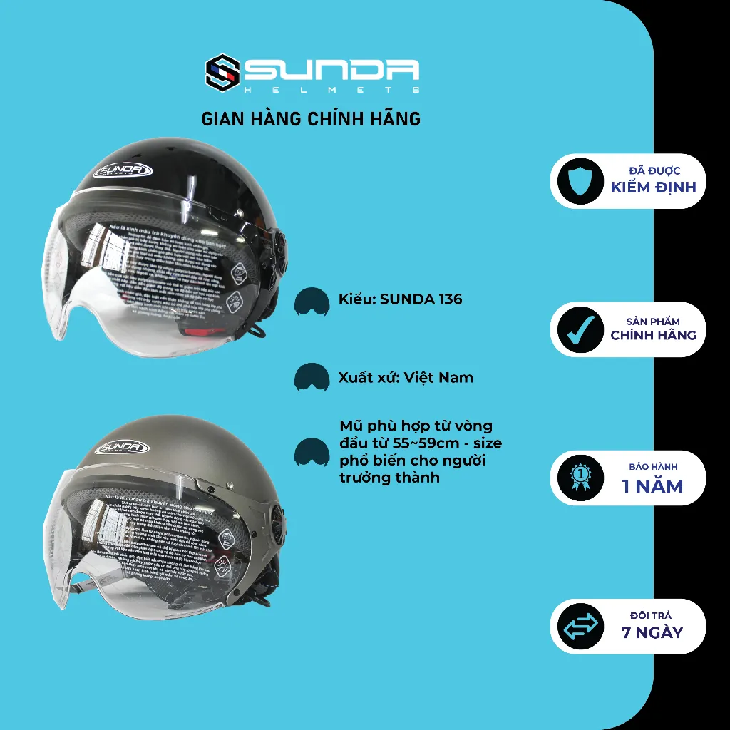Ảnh Mũ nón bảo hiểm nửa đầu Sunda 136 mẫu mới nhiều màu chính hãng có kính 3