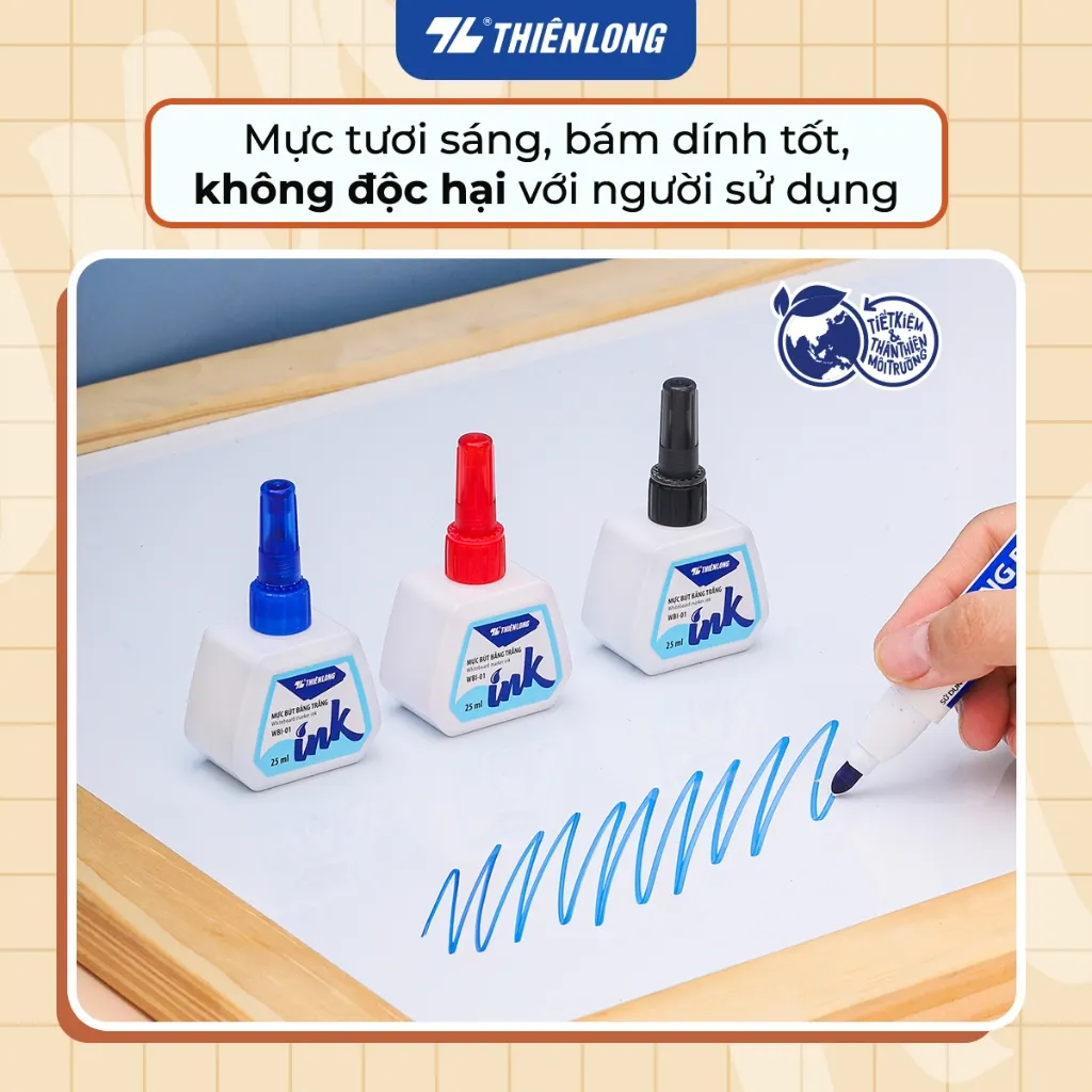 Ảnh Mực bút lông bảng bôi được WBI-01 Thiên Long 3 màu, xanh/đỏ/đen, bơm tiện lợi, mực tươi, khô nhanh, tiêu chuẩn quốc tế 3