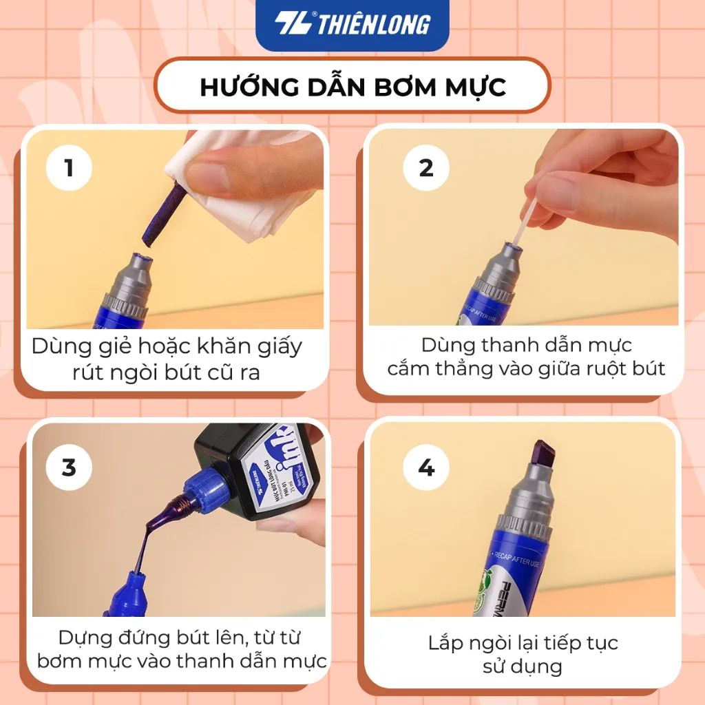 Ảnh Mực bút lông dầu Thiên Long PMI-01 gồm 3 màu mực: Xanh/ Đỏ/ Đen, bám dính tốt, không độc hại theo tiêu chuẩn Châu Âu 2