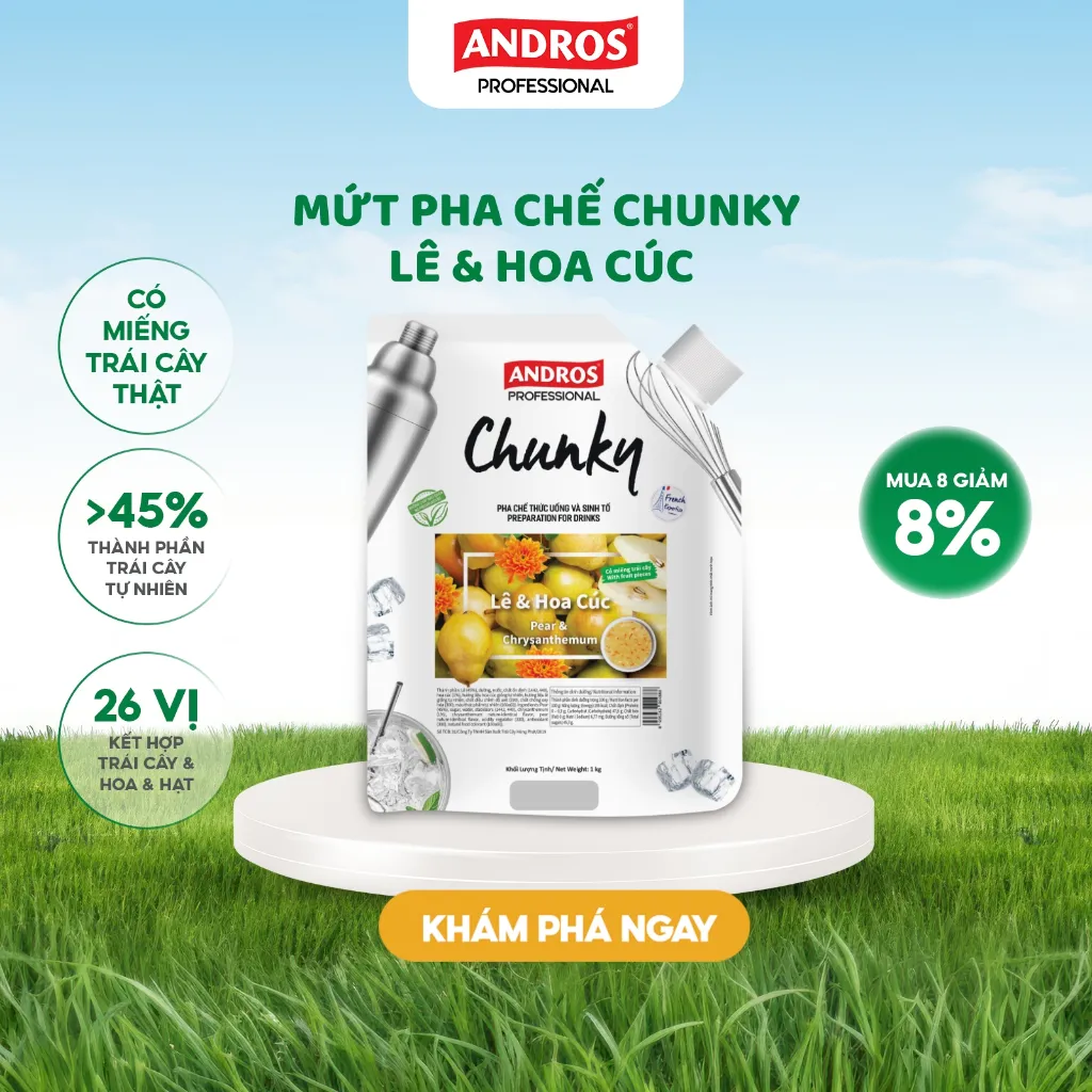 Ảnh Mứt Pha Chế Lê & Hoa cúc - Có miếng trái cây thật - Nguyên liệu pha chế - ANDROS CHUNKY - 1kg 1