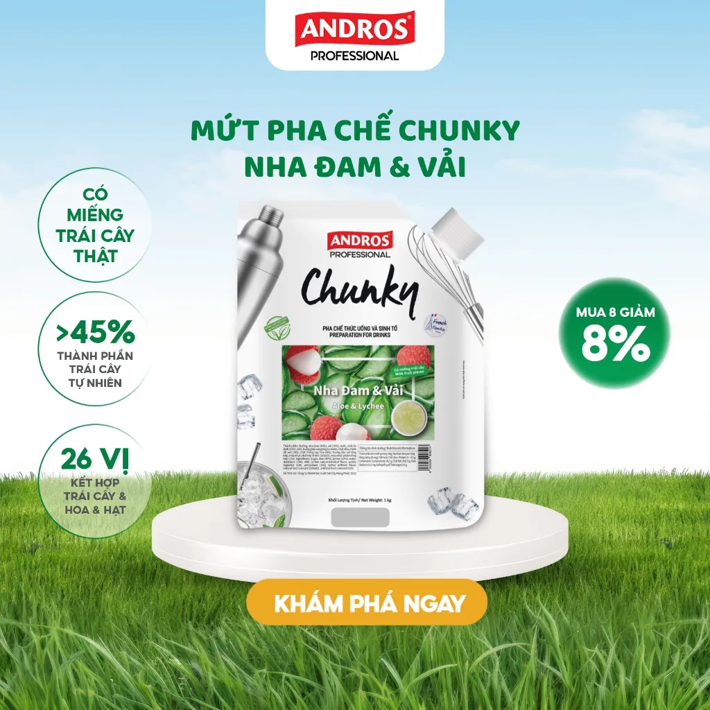Ảnh Mứt Pha Chế Nha Đam & Vải - Có miếng trái cây thật - Nguyên liệu pha chế - ANDROS CHUNKY - 1kg 1