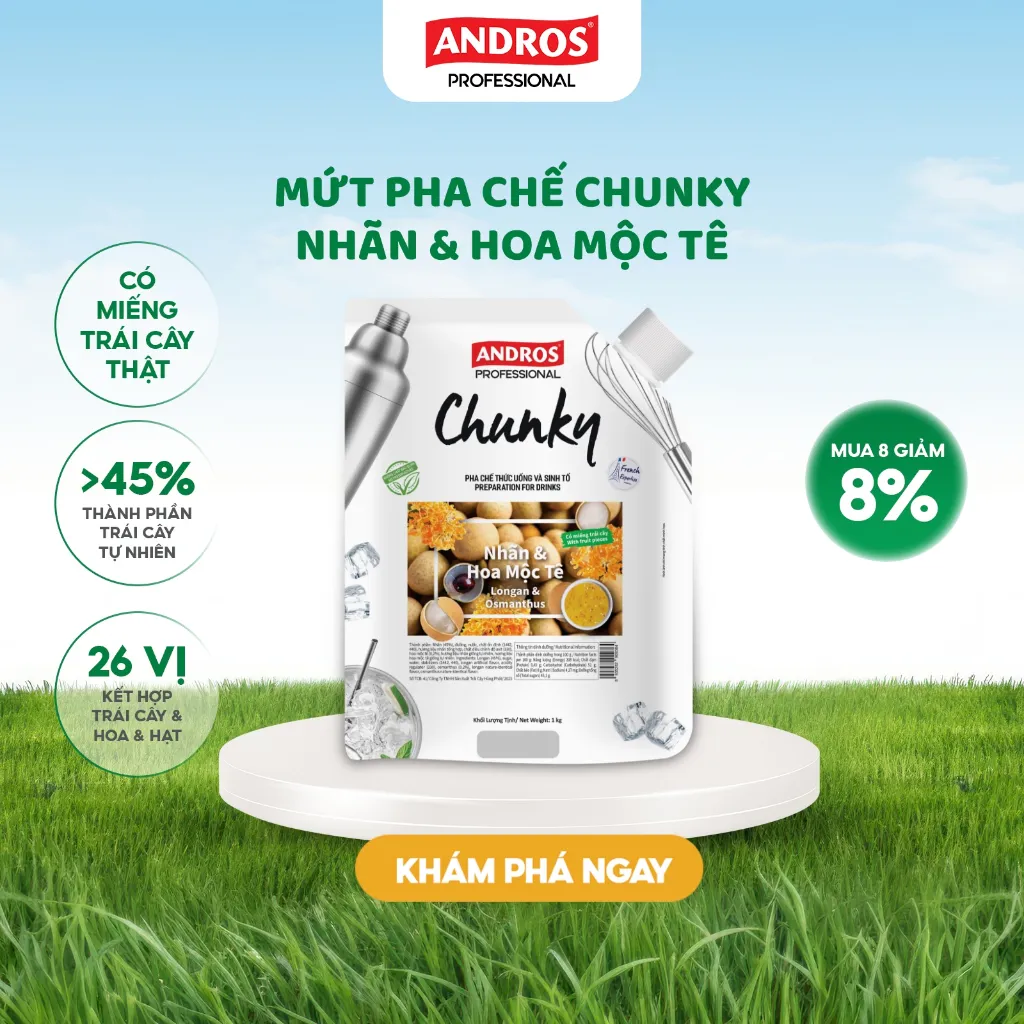 Ảnh Mứt Pha Chế Nhãn & Hoa Mộc Tê - Có miếng trái cây thật - Nguyên liệu pha chế - ANDROS CHUNKY - 1kg 1