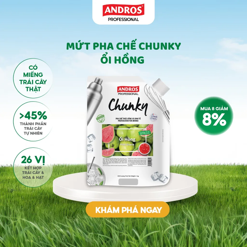Ảnh Mứt Pha Chế Ổi hồng - Có miếng trái cây thật - Nguyên liệu pha chế - ANDROS CHUNKY - 1kg 1