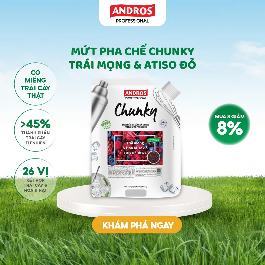 Ảnh Mứt Pha Chế Trái mọng & Hoa Atiso đỏ - Có miếng trái cây thật - Nguyên liệu pha chế - ANDROS CHUNKY - 1kg 1