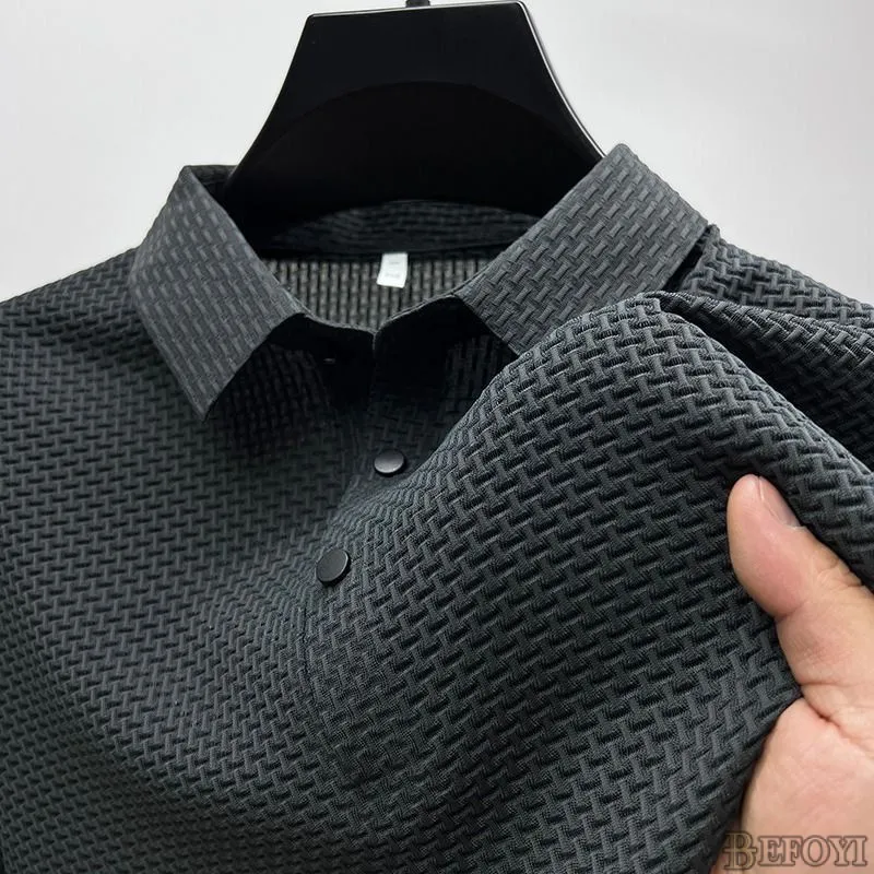 Ảnh Nam Ice Silk Polo Áo Sơ Mi Tay Ngắn Áo Thun Công Sở Nút Cổ Áo Màu Trơn Paul Rời Top Kemeja Baju Lelaki XC2522 2