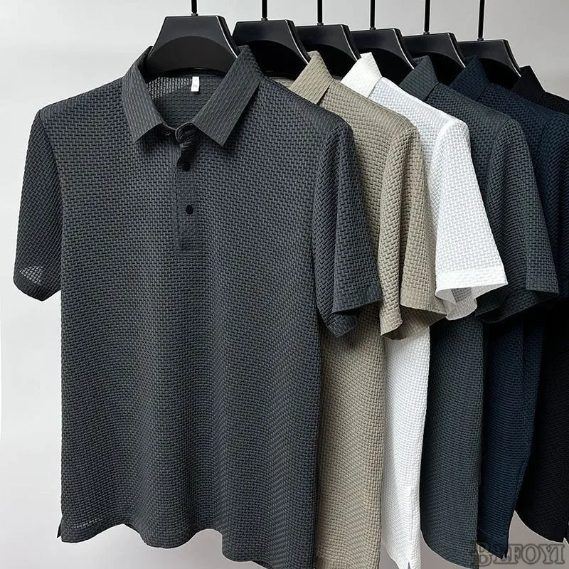 Ảnh Nam Ice Silk Polo Áo Sơ Mi Tay Ngắn Áo Thun Công Sở Nút Cổ Áo Màu Trơn Paul Rời Top Kemeja Baju Lelaki XC2522 3