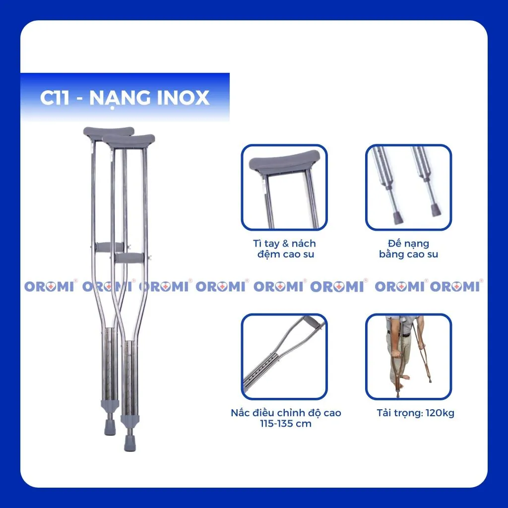Ảnh Nạng chống nách OROMI C11/C12 nhập khẩu - Chất liệu inox/nhôm, cao su mềm - Dụng cụ hỗ trợ người khuyết tật 1
