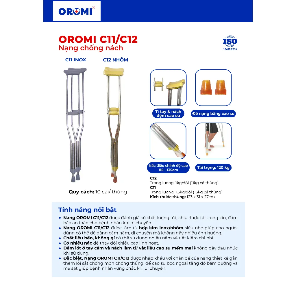 Ảnh Nạng chống nách OROMI C11/C12 nhập khẩu - Chất liệu inox/nhôm, cao su mềm - Dụng cụ hỗ trợ người khuyết tật 3