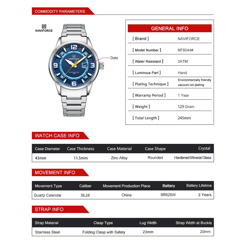 Ảnh Naviforce 8044 Đồng hồ đeo tay nam Thương hiệu hàng đầu Đồng hồ chống nước sang trọng Thép không gỉ Thể thao Quân đội Thạch anh Đồng hồ nguyên bản 2