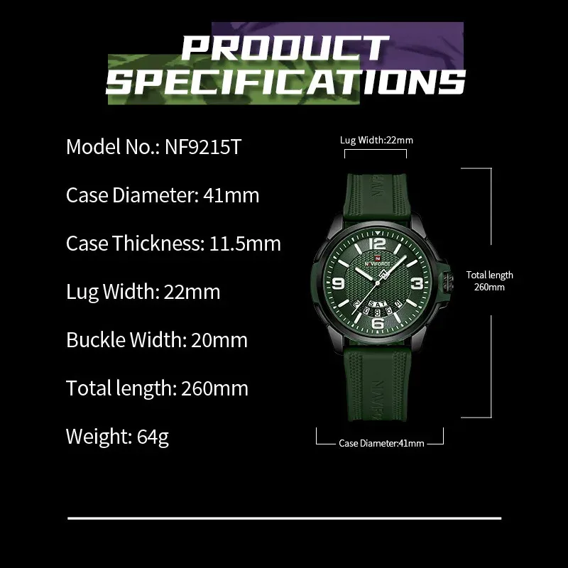Ảnh Naviforce 9215T Nam Thương Hiệu Sang Trọng Chống Thấm Nước Ngày Tuần Cao Su Thể Thao Quân Đội Đồng Hồ Thạch Anh 2